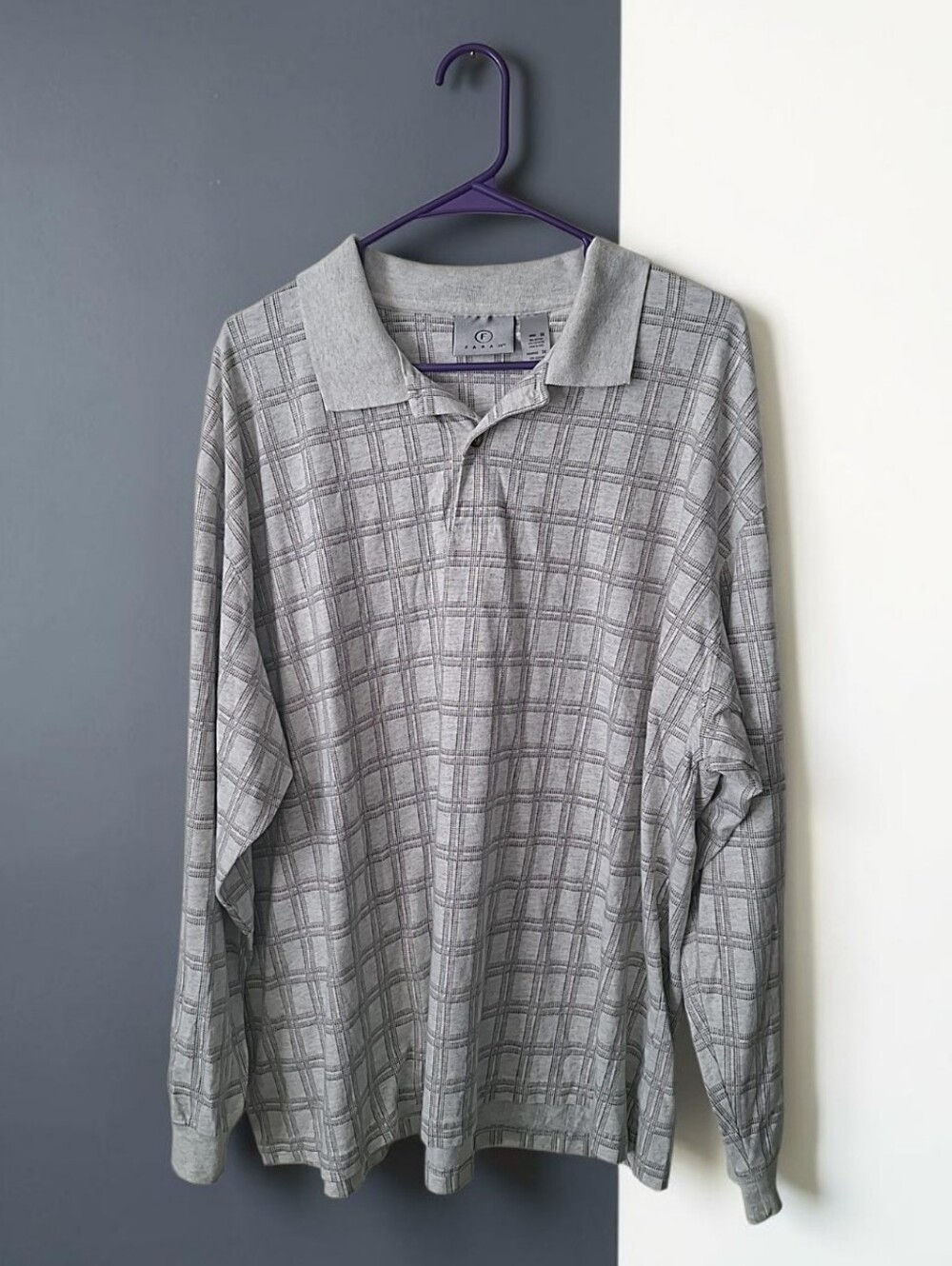 Farah Men's 3XL Gray Plaid Long Sleeve Collared Button Polo Big & Tall